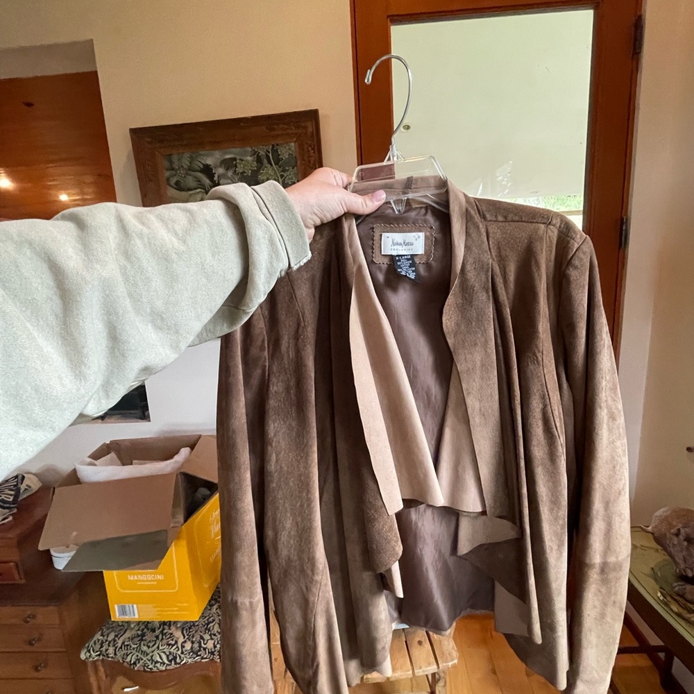 Neiman Marcus brown vintage suede draped collar jacket